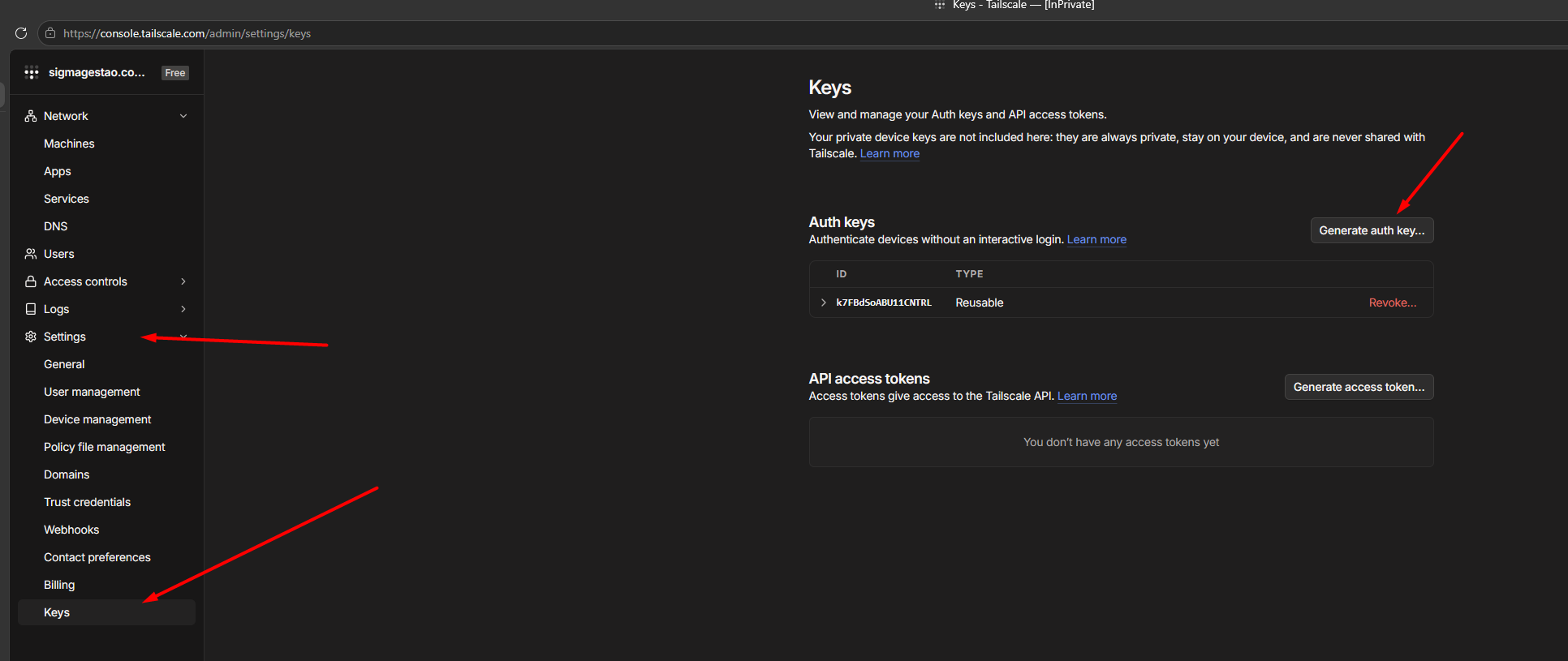 Tela de chaves do Tailscale, botão "Generate auth key"