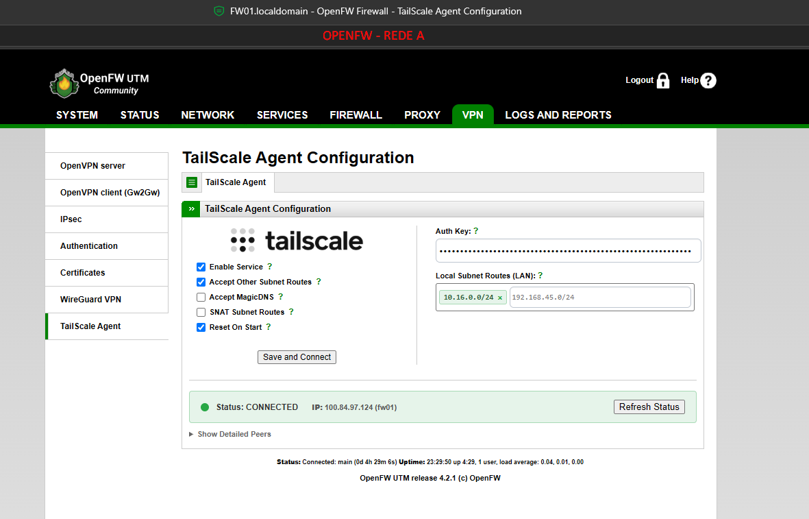 Tela de configuração do Tailscale dentro do OpenFW
