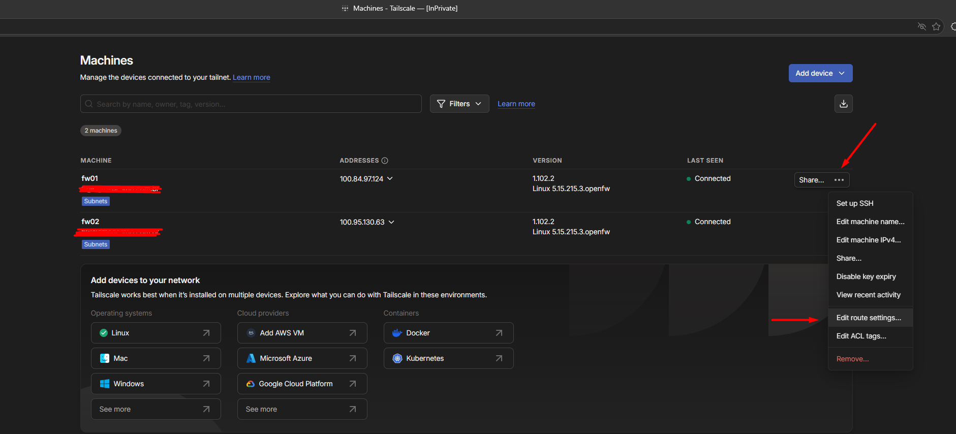 Lista de máquinas conectadas. Clique nos três pontinhos e depois em "Edit route settings"